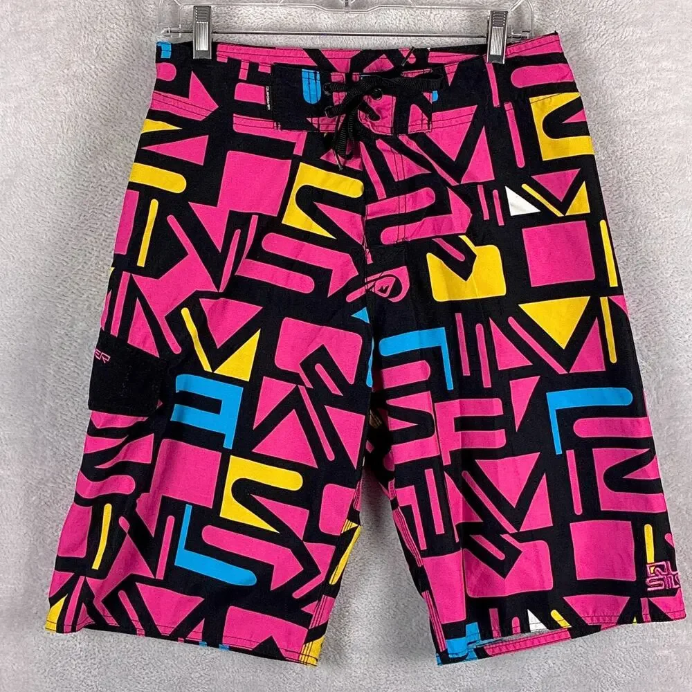 VTG Quiksilver Board Shorts Men 30 Pink Black QS Typo Colorblock Skate Surf Y2K